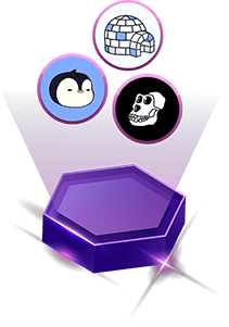 Digital icons of popular NFT collections displayed above a glowing hexagonal platform: a Pudgy Penguin in a blue circle, a Pudgy Igloo in a purple circle, and the Bored Ape Yacht Club (BAYC) logo in a pink circle, set against a dark backdrop with a spotlight effect.