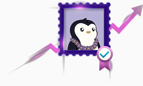 An illustrated penguin adorned with a floral lei framed in a purple, postage stamp-like border, complemented by a rising arrow and a checkmark badge on a dark purple background.